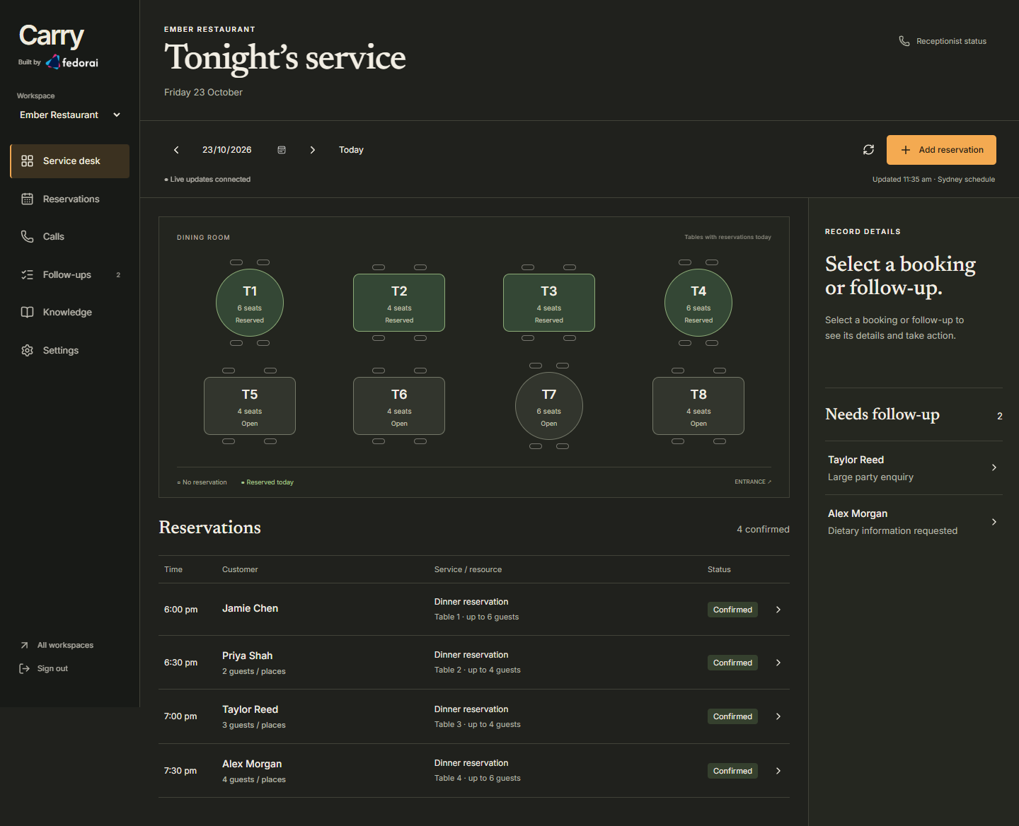 Carry restaurant service desk showing table capacity, reservations and guest follow-ups.