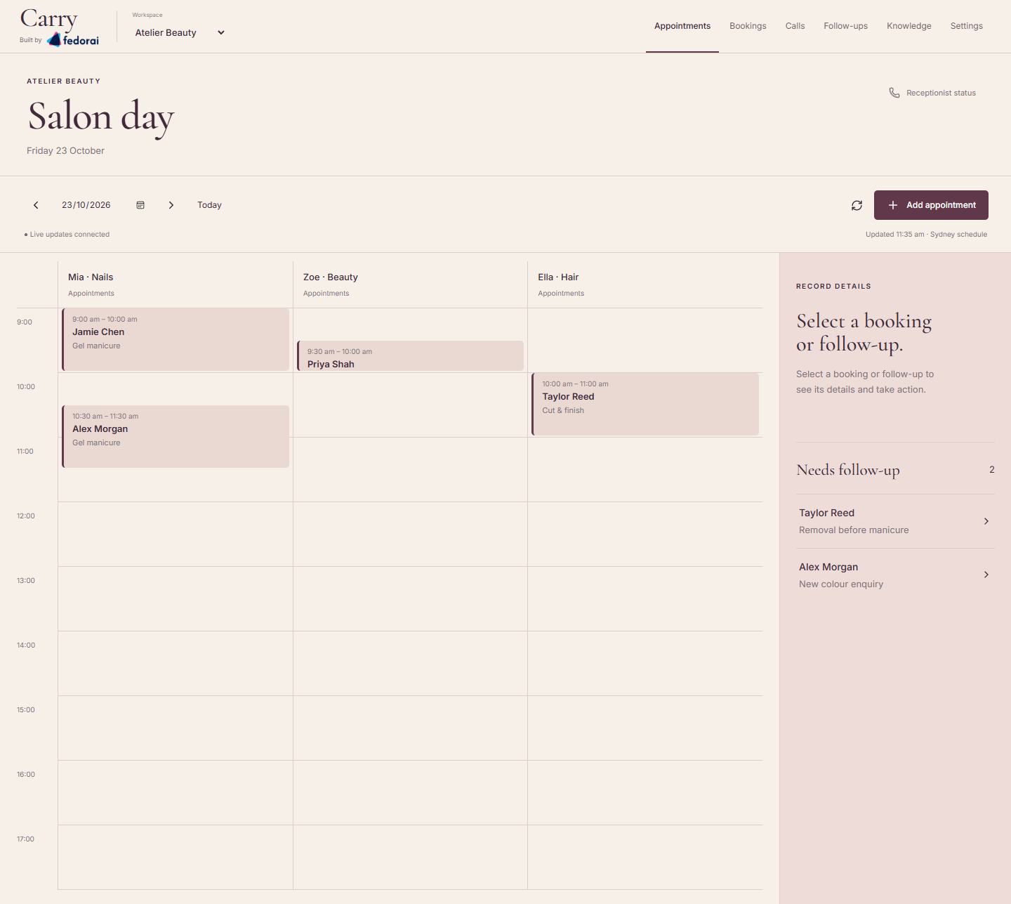 Carry beauty salon appointment book with separate staff lanes for nails, beauty and hair.