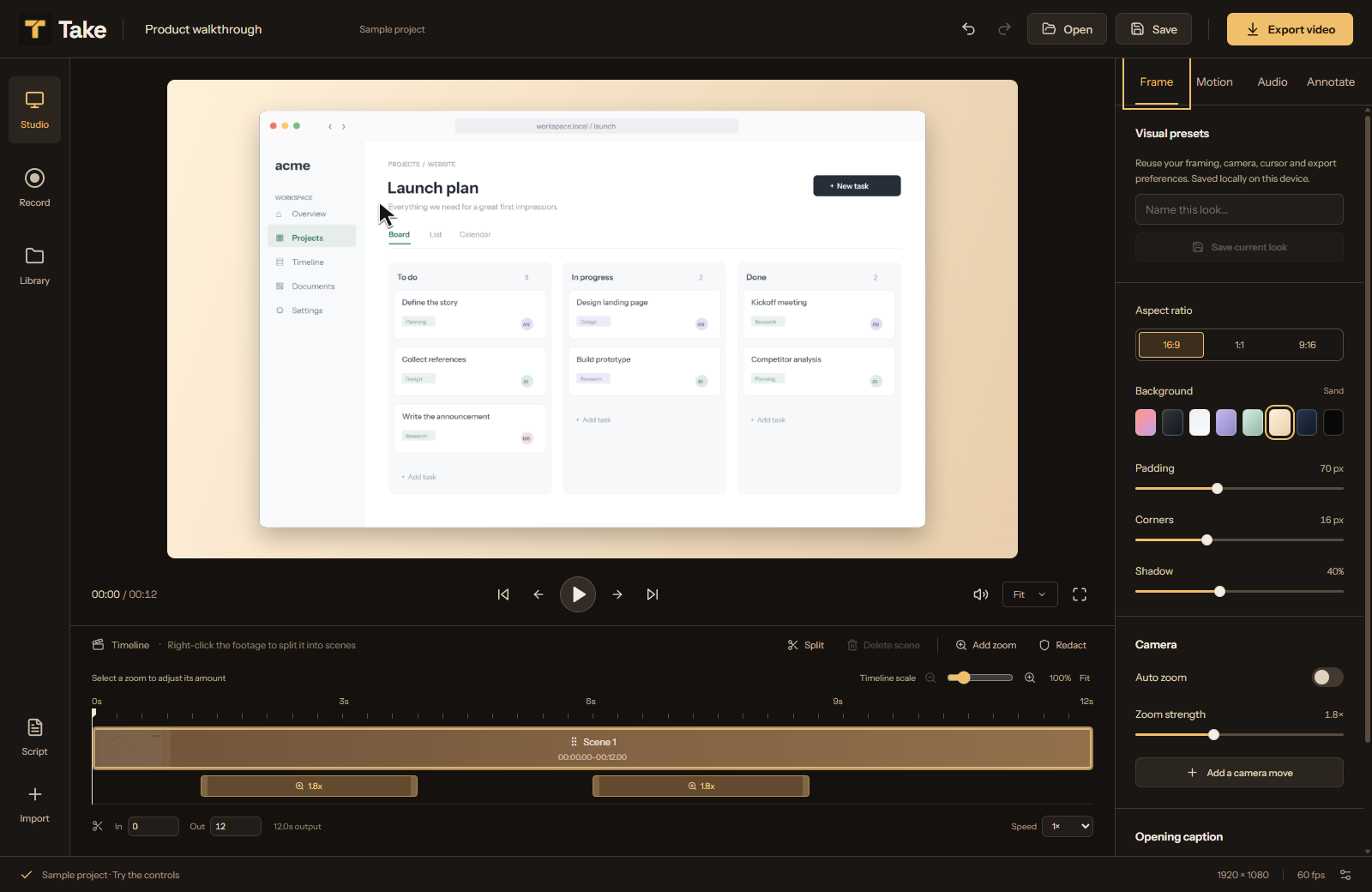 The Take editing studio, showing a framed screen recording, camera zoom controls and a timeline.